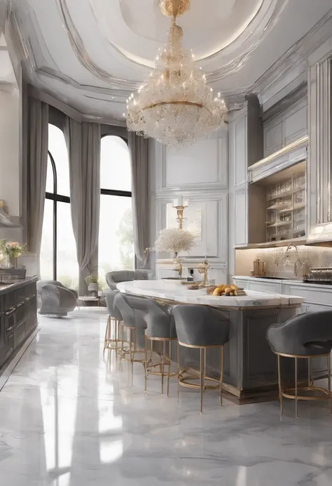 masterpiece, modern kitchen space, luxurious, aristocratic interior design, royal space, ((super detail :1.3))), neoclassical style design, neoclassical interior Modern blend, kitchen interior space with tables and chairs, kitchen details, luxurious aristo...