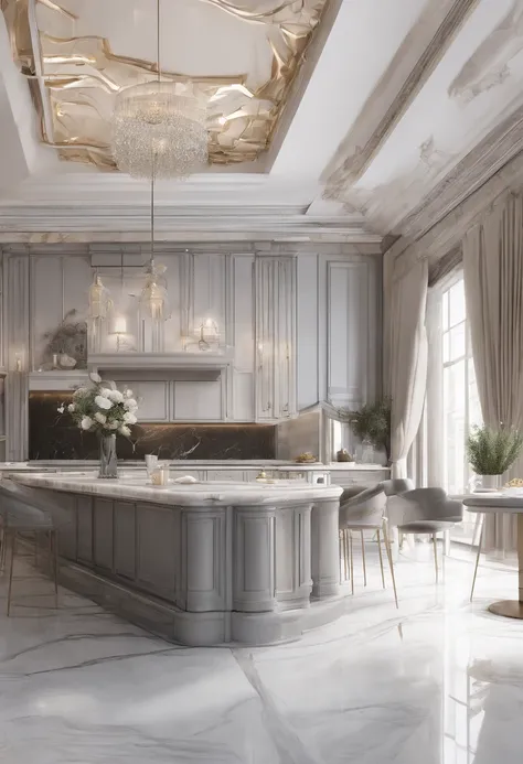 masterpiece, modern kitchen space, luxurious, aristocratic interior design, royal space, ((super detail :1.3))), neoclassical style design, neoclassical interior Modern blend, kitchen interior space with tables and chairs, kitchen details, luxurious aristo...