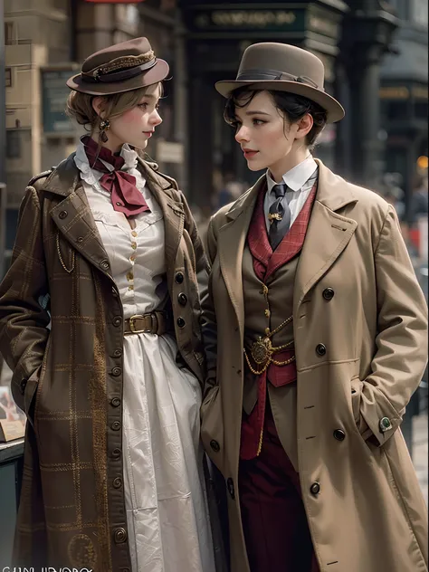 sherlock holmes lady & watson girl,
(huge busty:1.5),
sherlock holmes lady brown glen check frock coat,
side standing watson girl white formal suits,
detective,
gently,
elegance,
wind,
smile,
london,
baker street,
british,
real face,
real body,
real backgr...