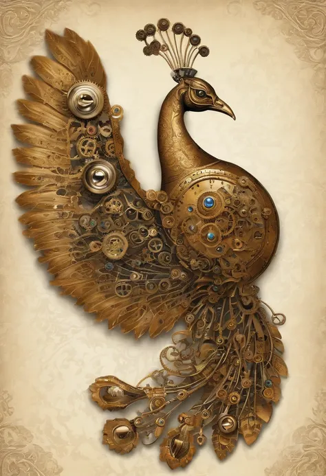 Golden steampunk robotic peacock