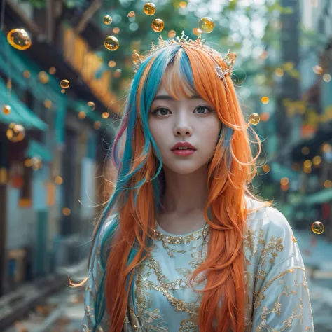 cyan colors，blue colors，enamel，agates，A flesh-colored world，Blood Girl 32K（tmasterpiece，k hd，hyper HD，32K）Long flowing bright orange hair，blood pond，zydink， a color，Grumpy （Post-halo）， （Linen scarf）， Combat posture， looking at the ground， long whitr hair， ...