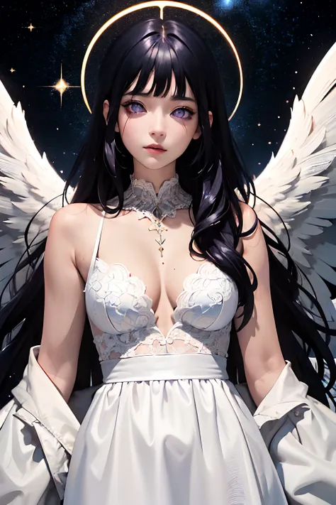 (masterpiece), (best quality:1.4), absurdres, [:intricate details:0.2], angel, angel wings, milky way, sky, shimmering aura, intense focus, crackling energy, mysterious symbols, sparkling motes,Blunt Bangs, purple eyes, long wavy dark blue hair, white dres...