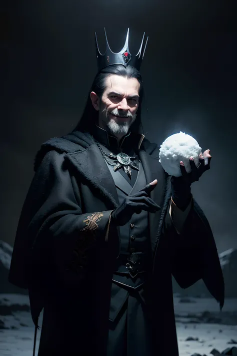 A man who is an evil emperor with a sinister grin, wearing a broken crown, holding a snowball in his hand, background is black night sky, eerie lighting, snow falling, mood is futile, nugatory, abysmal, desolate, character design.