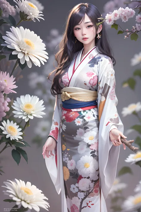 realistic、Real Stick、high-detail、18year old、White Russian woman、Makes plump breasts flutter、kimono（White chrysanthemum pattern on pepper color）、Futuristic dressing