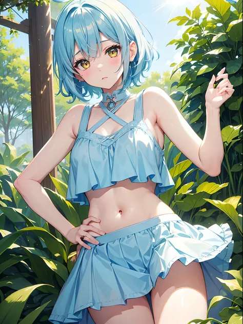 ((4K,masutepiece,Best Quality)),1girl, extremely cute and beautiful girl,Beautiful light blue short hair,bangs pinned back,Ahoge,Colored inner hair,Highly detailed beautiful face and yellow eyes,Cute,blush,White knitted tank top,Light blue mini skirt,White...