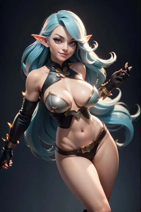 ((One Woman)), One Woman, masutepiece, of the highest quality, Queen of the Grey Elves, bikini of, central, Wide leather belt, Peach Boots, viewer, Face, Portrait, Glowing eyes, Green smoke,  Black background, embarrassing smile,  large udder, Bare skin, d...