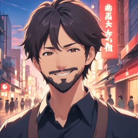 (Front view:1.4),Groomed beard,40-year-old dandy man,Composition of the upper body,japanes,(A smile:1.3),A tall man,a beard, Delicate facial features like an actor,thick eyebrow,Short-haired true black hair, (Black collared shirt:1.4), Intense muscles, eye...