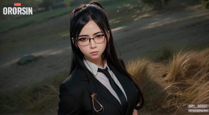 there is a woman with glasses and a tie standing in a field, realistic schoolgirl, hyperrealistic schoolgirl, highly detailed character, a hyperrealistic schoolgirl, portrait of tifa lockhart, female character, with very highly detailed face, tifa lockhart...