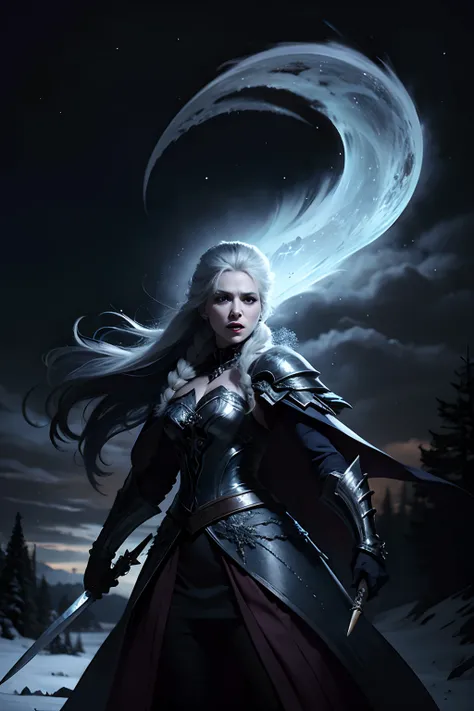 A woman who is an angry snow-queen, brandishing a frozen sword, snarling, background is eerie night sky, snowing, mood is repressed, fatalistic, nebulous, oblivious, character design.