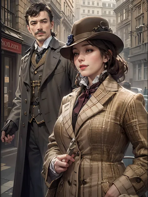 sherlock holmes lady & watson girl,
(huge busty:1.5),
sherlock holmes lady brown glen check frock coat,
side standing watson girl white formal suits,
detective,
gently,
elegance,
wind,
smile,
london,
baker street,
british,
real face,
real body,
real backgr...