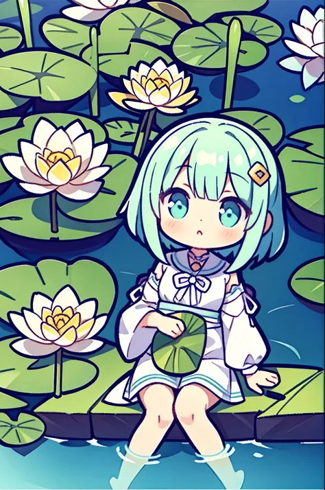 There is a girl sitting on a leaf, (White clothes), Fresh color scheme, There are stuffed animals, Guvez style artwork, popular in CGSTATION, illustratio:Li Song, soft anime, Lying on a mat of water lilies, Sitting on a lotus flower, Cute and detailed digi...