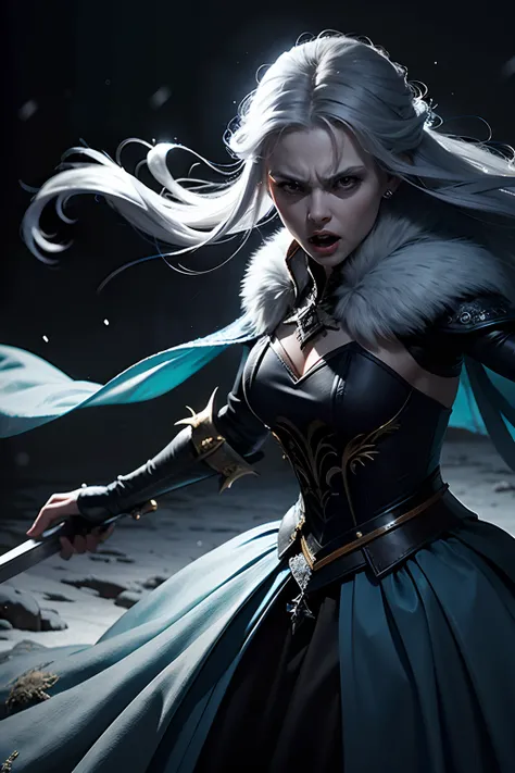 A woman who is an angry snow-queen, brandishing a frozen sword, snarling, background is eerie night sky, snowing, mood is repressed, fatalistic, nebulous, oblivious, character design.