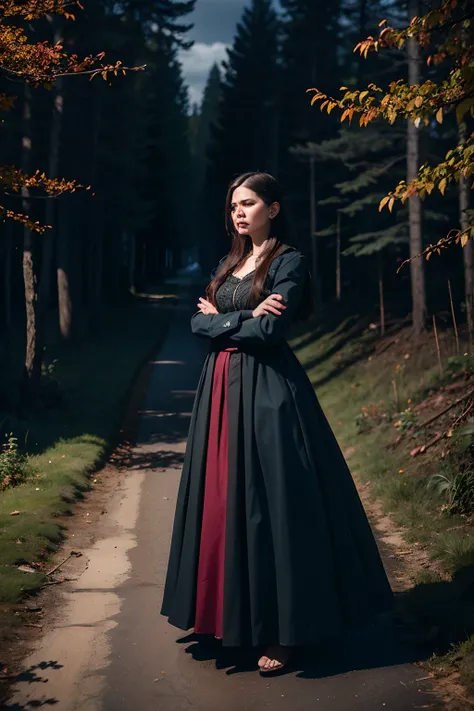 A woman who is a mean, angry woman with crossed arms blocking a pathway in the woods, background is dark autumn sky, mood is hindering, obstruction, obscuring discord, character design.