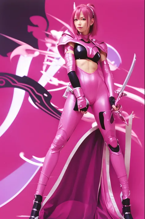 Woman in pink costume holding sword, slick pink armor, juri misaki, shining pink armor, streamlined pink armor, full body zenkai! asuka suit, fuchsia skin below the armor,  knights of zodiac girl, fuchsia skin below the armor, The background is a café