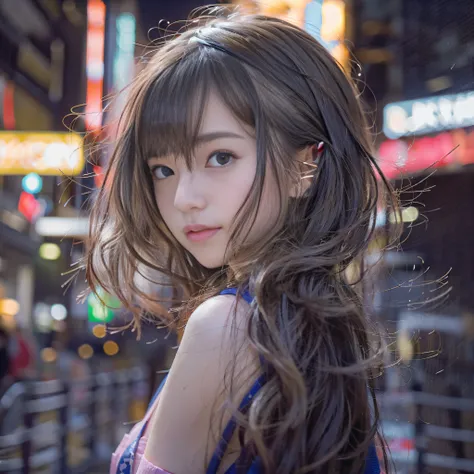 女の子1人、on tokyo street、A city scape、night cityscape、Neon Street、The upper part of the body、a closeup、A smile、、(8K、Raw photography、top-quality、​masterpiece:1.2)、(realisitic、photoRealstic:1.37)、Highly detailed eyelash drawing、(((Top image quality))),Colossal ...