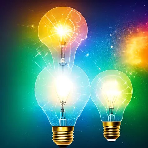 lightbulb, A dazzling explosion of light from a light bulb, Enlightenment, New ideas, vivd colour, an epic fantasy, Joy