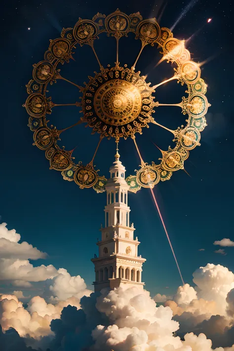 A round ornamental mandala made of light rays from heaven, surrounded by puffy white clouds.