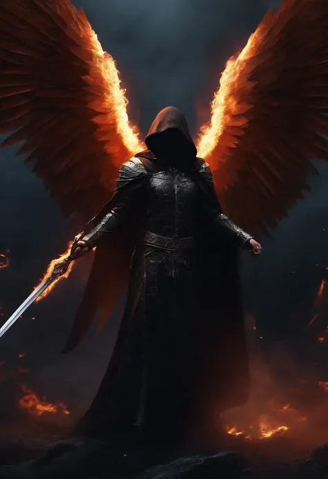 Realistic, 4K, Angels with big wings, Black clothes, one sword, Hood in war background image (chaos)