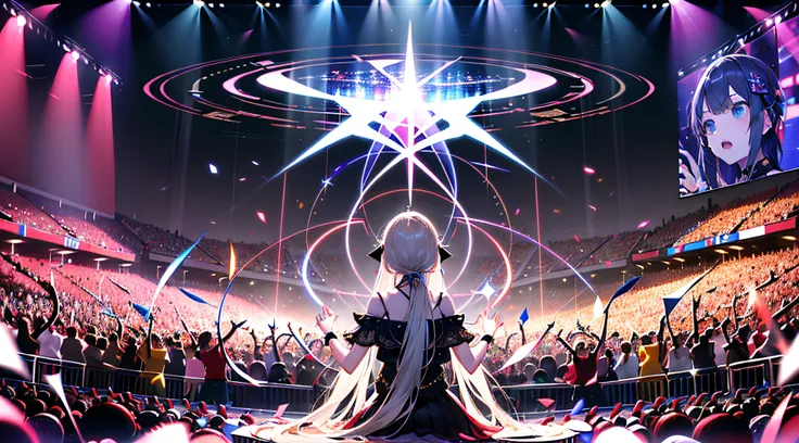 Create a creative art scene of AI singing on stage in front of an enthusiastic audience at a futuristic metaverse music festival. AI singer stands on holographic stage、Imagine playing music with digital licenses and emotions. Beautiful scene combined with ...