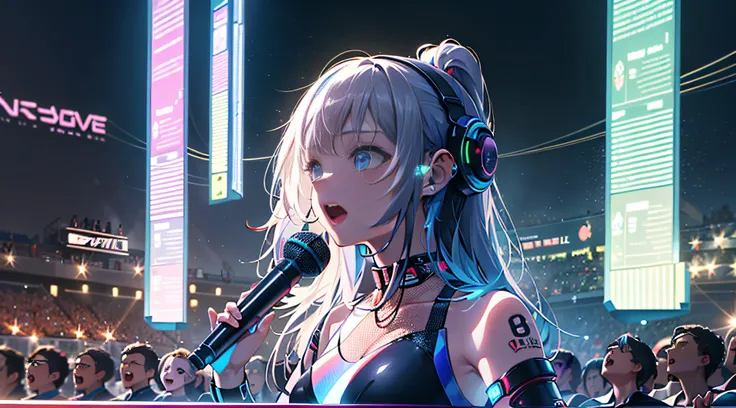 Create a creative art scene of AI singing on stage in front of an enthusiastic audience at a futuristic metaverse music festival.high quality cute girl singer stands on holographic stage、Imagine playing music with digital licenses and emotions. Beautiful s...