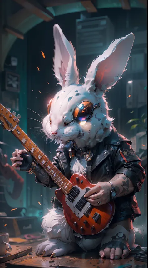 (1 little white rabbit（anthropomorphic turtle，））wearing a choker，with tattoos, sunglasses, Black leather jacket,black glove，holding guitars，Masterpiece, Centered, symetry,expert, insanely details, 4K, composition, The frames, picure, Intricate, voluminetri...