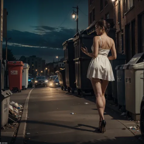 (1girl), (solo girl:1.3), Girl wearing a long evening white dress, windyupskirt, wind rises her skirt showing her perfect ass. Beautiful face, Mobile phone in her hand. She walks down NY streets. garbage dumpsters aroud, off-end road. City landscape. Allur...