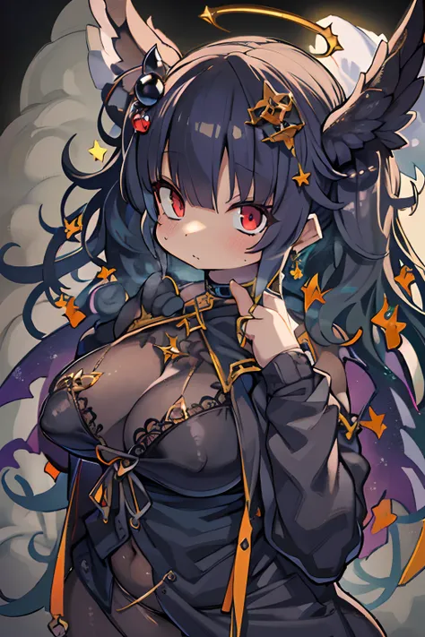 ((high resolution)), ((high detailed)), ((masterpiece)), (Best Quality), (Detailed), Light Layer, Lustrous skin, (intricate-detail , taut clothes, , Demon Wings,Hair Ornament :1.2), From above, Black hair, Black Choker, Long hair, princess-cut, Woman, Blun...