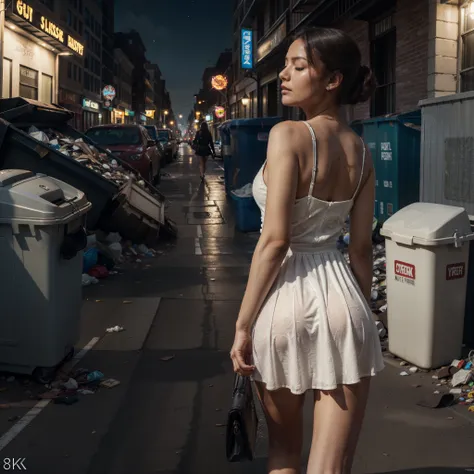 (1girl), (solo girl:1.3), Girl wearing a long evening white dress, windyupskirt, wind rises her skirt showing her perfect ass. Beautiful face, Mobile phone in her hand. She walks down NY streets. garbage dumpsters aroud, off-end road. City landscape. Allur...