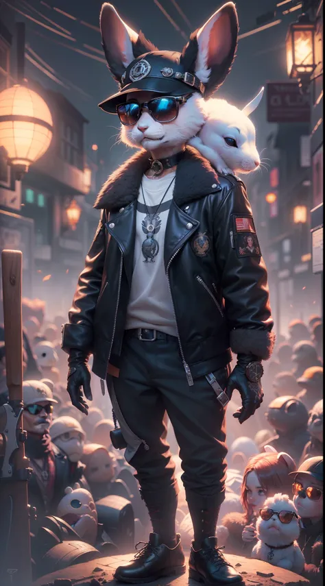 (1 little white rabbit（anthropomorphic turtle，））wearing a choker，with tattoos, sunglasses, Black leather jacket,black glove，holding guitars，Masterpiece, Centered, symetry,expert, insanely details, 4K, composition, The frames, picure, Intricate, voluminetri...