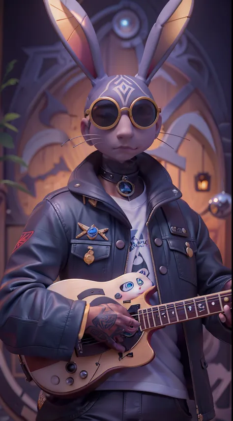 (1 little white rabbit（anthropomorphic turtle，））wearing a choker，with tattoos, sunglasses, Black leather jacket,black glove，holding guitars，Masterpiece, Centered, symetry,expert, insanely details, 4K, composition, The frames, picure, Intricate, voluminetri...