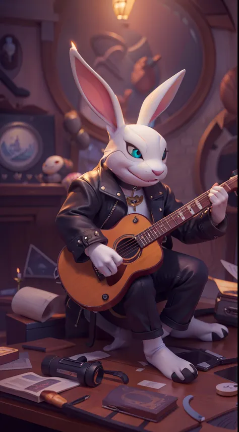 (1 little white rabbit（anthropomorphic turtle，））wearing a choker，with tattoos, sunglasses, Black leather jacket,black glove，holding guitars，Masterpiece, Centered, symetry,expert, insanely details, 4K, composition, The frames, picure, Intricate, voluminetri...