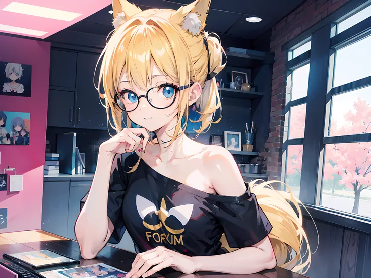 a young girl, have fox ears and 1tail, short blonde hair with a left short side pony, blue eyes with big round circle glasses, small breast, wearing short sleeve plain black shirt, expose only right shoulder, no pants, room, absurdres, 8K, high res, ultras...