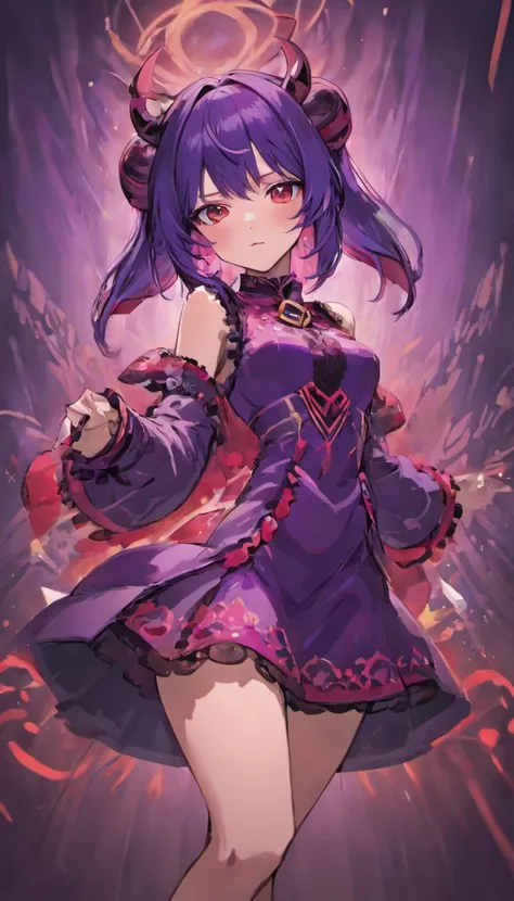 Create an anime girl with horns. She has medium-length dark purple hair with red highlights, and bangs. She has pointy ears poking out of her hair, and is wearing a black and purple dress with a lace pattern, knee-length stockings, and combat boots. Her ho...