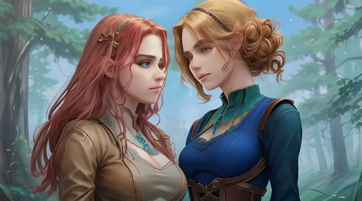 two women in the woods, highly detailed exquisite fanart, official illustration, cutscene, high detail official illustrations, v...