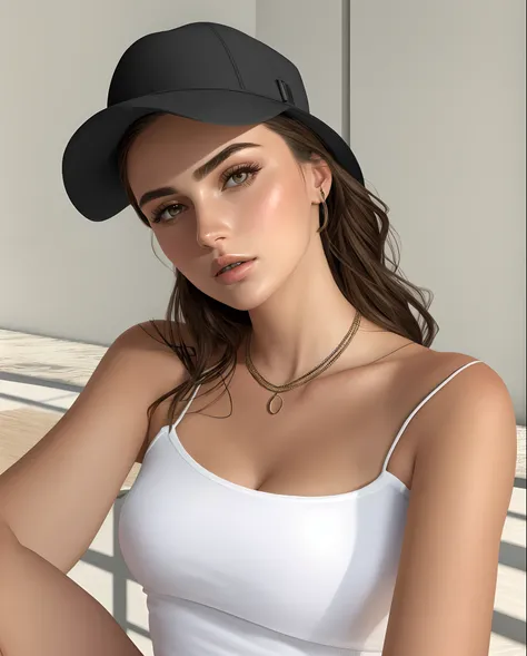 Arafed woman in a white tank top and black hat, Retrato Sophie Mudd, Modelo do Instagram, with hat, she is wearing a black tank top, wearing a chocker and cute hat, Emily Ratajkowski, Angelina Stroganova, Viktoria Gavrilenko, olivia culpo, rosto e corpo at...