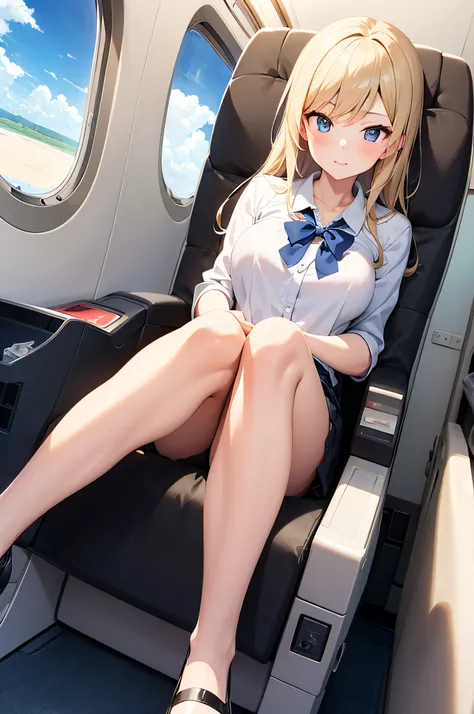 Anime girl sitting in business class on an airplane near the porthole