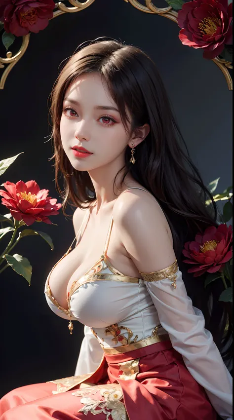 "1 beautiful girl in traditional costume, wearing a traditional Chinese ao dai in luminous red, Ao dai with red as the main color, black chest border and gold border, long hair and white bangs, hair jewelry most detailed and beautiful, Super cute little fa...