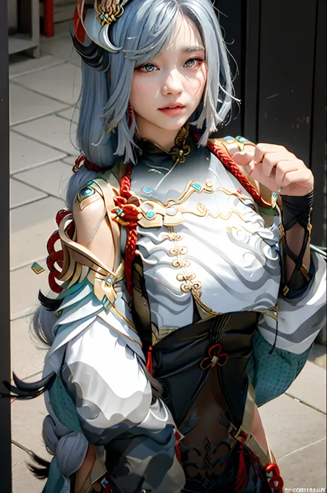 masutepiece, best quality,  1girl in,1 persons、shenhe \(genshinimpact\), grey hair,long hair,hair ornament, blue eyes,braided po...