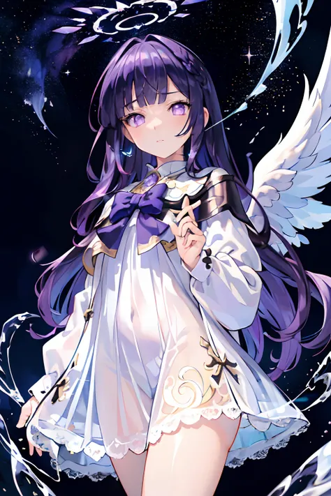 (masterpiece), (best quality:1.4), absurdres, [:intricate details:0.2], angel, angel wings, milky way, sky, shimmering aura, intense focus, crackling energy, mysterious symbols, sparkling motes,Blunt Bangs, purple eyes, long wavy dark blue hair, white dres...