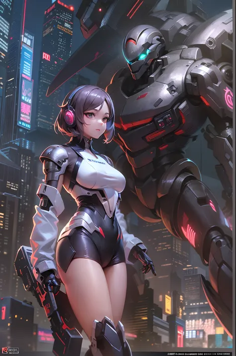 Anime girl in metal suit standing next to a giant robot, artwork in the style of guweiz, Cyberpunk anime girl mecha, Trending on CGSTATION, guweiz, By Russell Dongjun Lu, Digital Cyberpunk Anime Art, ross tran 8 k, guweiz on artstation pixiv, Girl in Mecha...