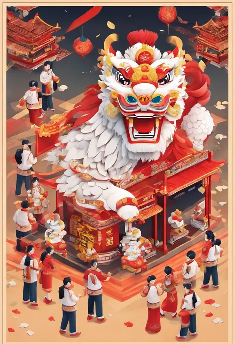 lion dance, depth of fields，jubilation, festivity, exhilarated, Streamers