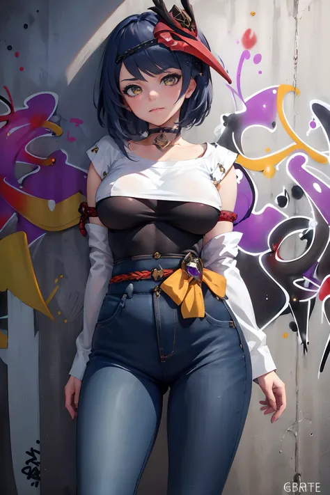 Kujou Sara Genshin Effect, masterpiece, bestquality, 1girls, oversized breasts, bara, dress shirt, Long Jeans, choker, (Graffiti:1.5), Splash with purple lightning pattern., arm behind back, against wall, View viewers from the front., Thigh strap, Head til...