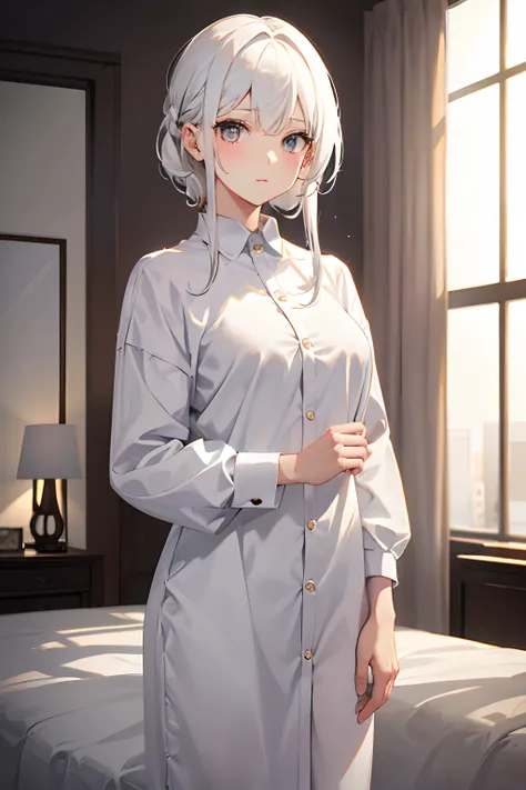 White hair, cozy white shirt, gold eyes, medium breast, blurry bedroom background, daylight, best quality, masterpiece