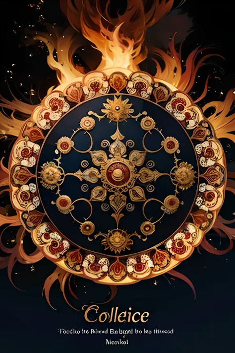 A round ornamental mandala made of fire and flames surrounded by stones.