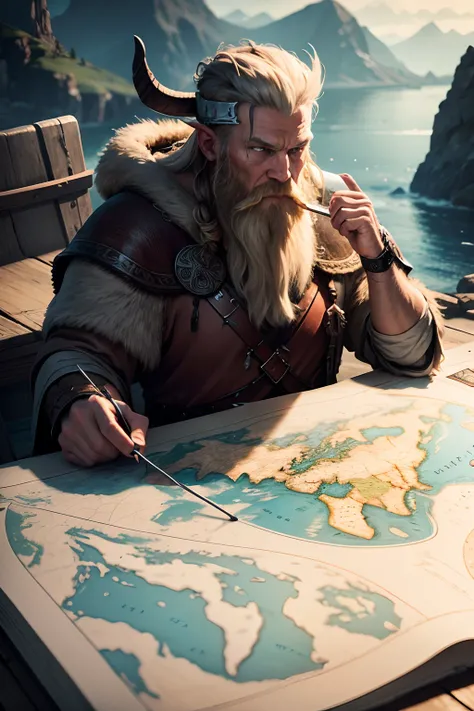 viking looking at map, 8k, hyper realistic