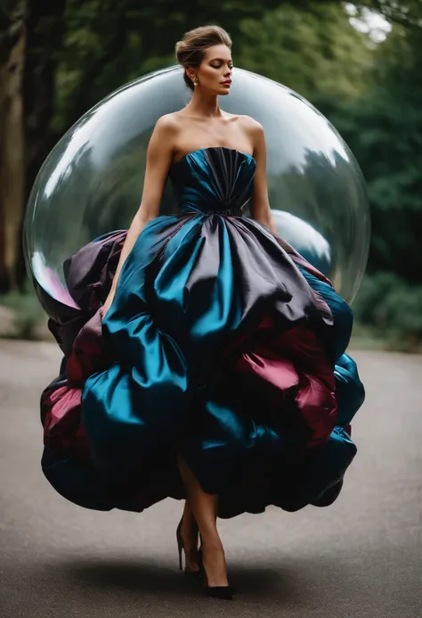 Stunning woman in oversized bubble Balenciaga dress, black bubble color