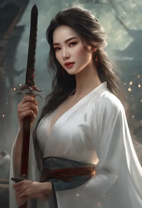 a close up of a woman in a white dress with a sword, a character portrait by Yang J, trending on CGSociety, Fantasy art, Beautiful character painting, Guviz-style artwork, Guviz, White Hanfu, flowing white robe, full-body wuxia, epic exquisite  character a...