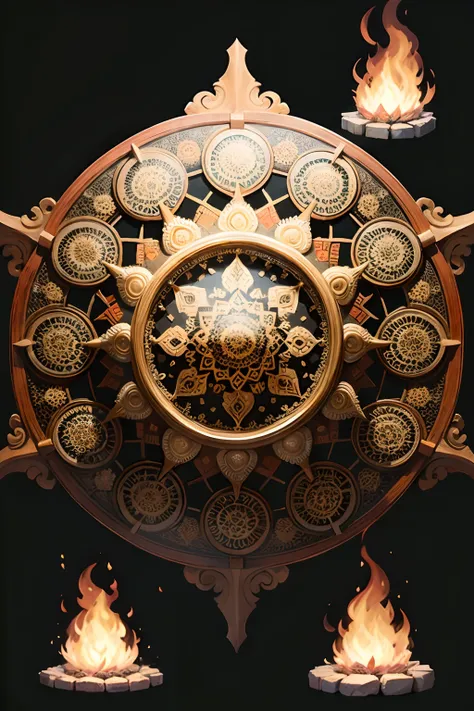 A round ornamental eight pointed mandala made of fire and flames surrounded by stone.