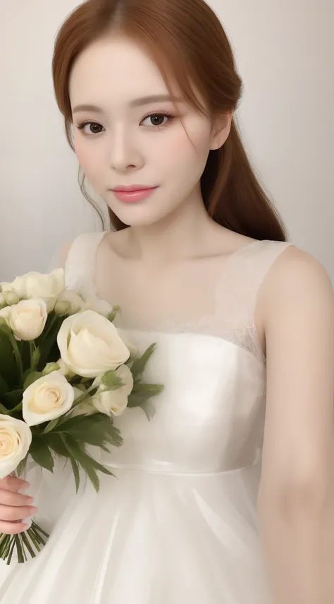 Close up of a woman holding a bouquet in a transparent wedding dress, close-up bust, beautiful dress, wearing a beautiful dress, wearing a long dress, romantic dress, ethereal details, white dress, sexy dress, clear curve details, dress, highlighting femin...