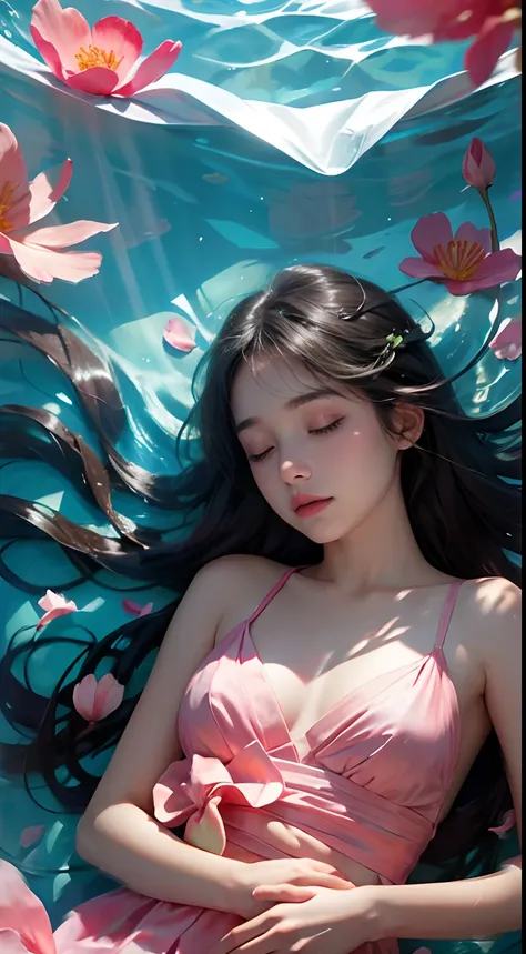 Under the water，ocean floor，The sun shines through the sea，A teenage girl，Fell asleep quietly in the water，The girl is surrounded by pink petals，fire works